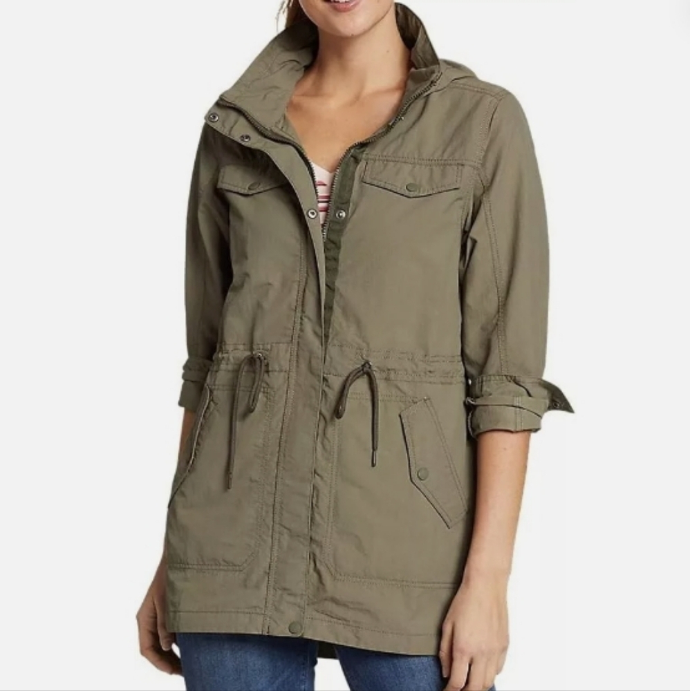 Eddie Bauer Olive Green Trench Coat Spring Green Size S with hood and 8 pockets